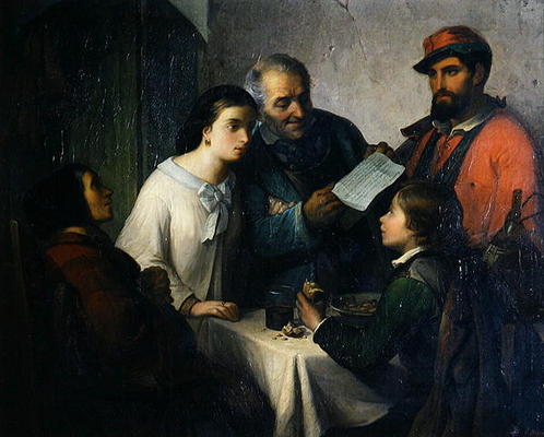 The Letter of the Volunteer, from the Front to the Family, 1861 (oil on canvas) a Giuseppe Moricci