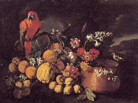 Still life with citrus fruits, copper kettle, flowers and p