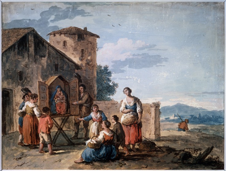 A group of peasants before the tabernacle with the Standing Madonna statue a Giuseppe Zais