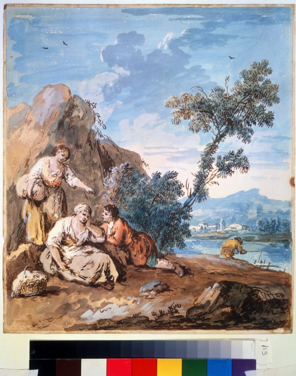 Three peasants resting on a river bank a Giuseppe Zais