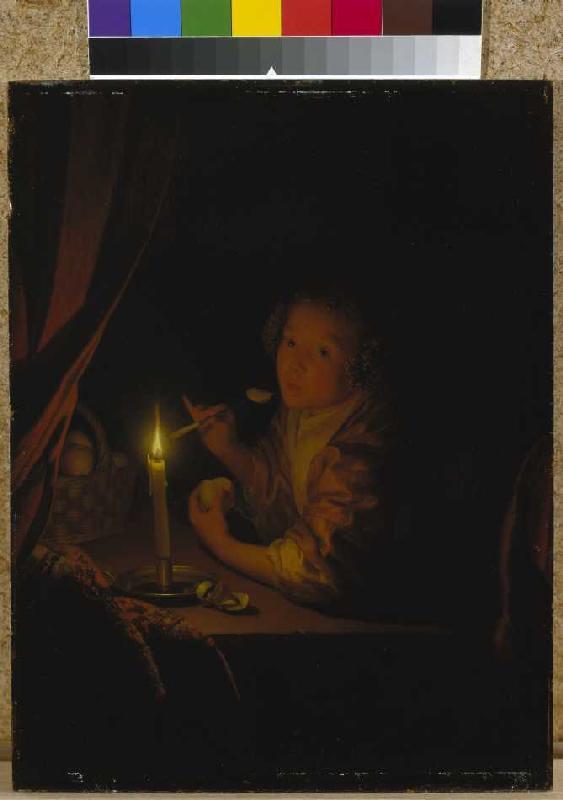 Apple eating girl at candlelight a Godfried Schalcken