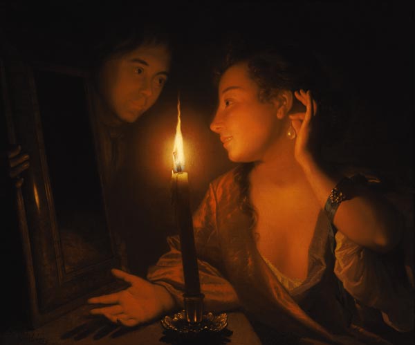 A Lady Admiring An Earring by Candlelight a Godfried Schalcken