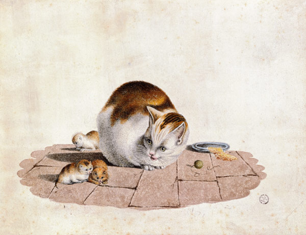 Cat mother with three boys at a food plate a Gottfried Mind