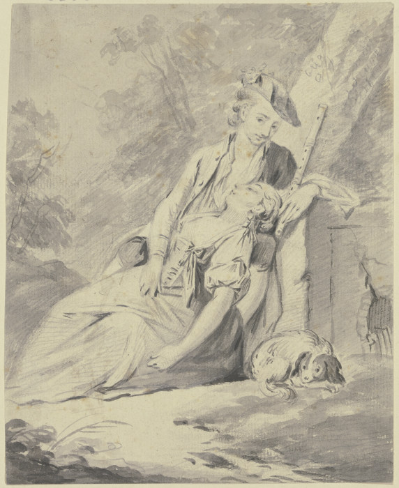 Ein Schäfer und eine Schäferin mit einem Hund lagern unter Bäumen a Gottlieb Welté