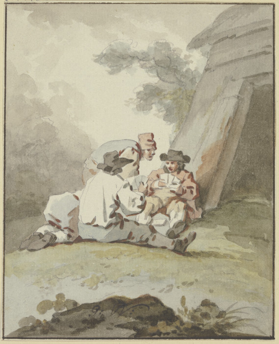 Vier Männer vor einer Hütte am Boden sitzend oder hockend beim Kartenspiel a Gottlieb Welté