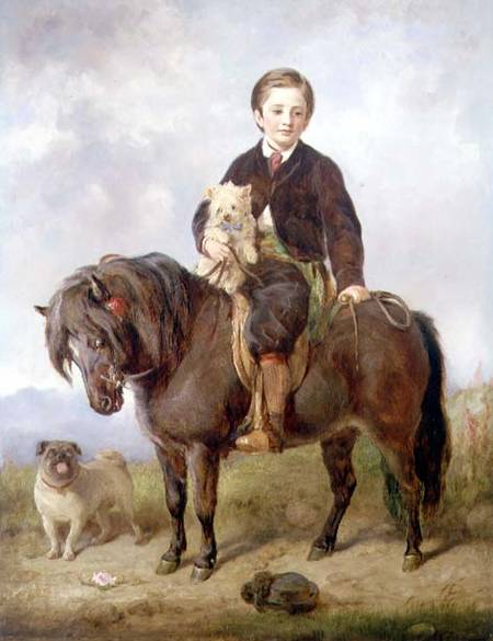 John Samuel Bradford as a boy seated on a shetland pony with a pug dog a Gourlay Steell