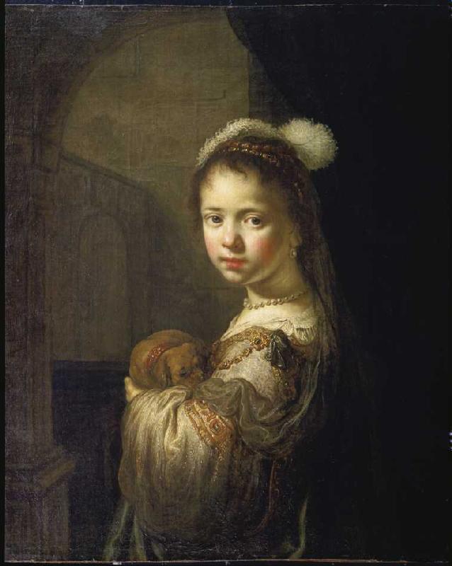 Girl with a little dog in the arm. a Govaert Flinck