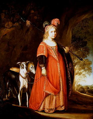 Portrait of a young girl as Diana, in a glade with two greyhounds (oil on canvas) a Govaert Flinck