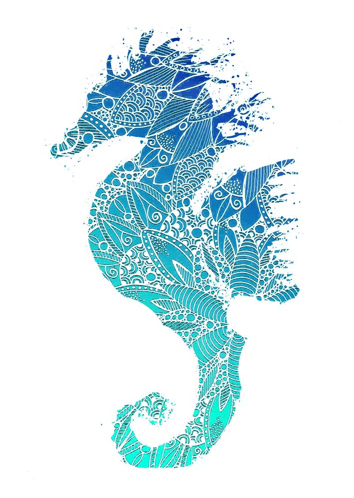 Blue Mandala Seahorse Silhouette a Sebastian  Grafmann