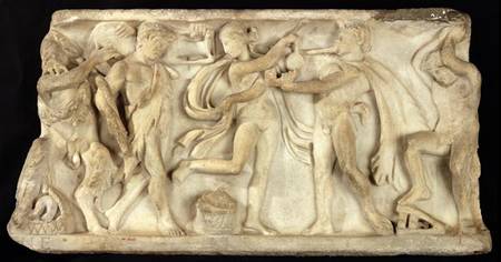 Fragment of a sarcophagus depicting satyrs and a maenad a Greci Greci