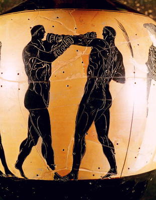 Black-figure Panathenaic amphora depicting a boxing contest, c.336 BC (pottery) a Greek 4th century BC