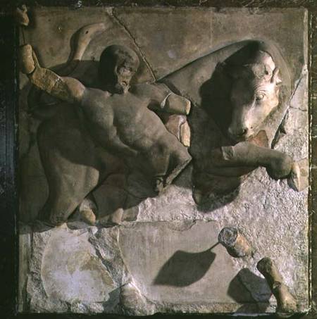 Hercules Fighting the Cretan Bull, one of a series of twelve metopes depicting the Labours of Hercul a Greek School