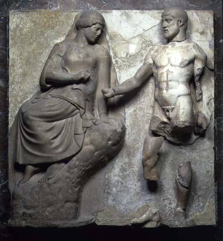 Hercules and Minerva, one of a series of metopes depicting the Labours of Hercules from the Temple o a Greek School