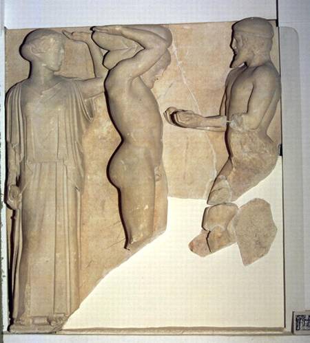 Metope X from the Temple of Zeus depicting Hercules Receiving the Golden Apples of the Hesperides fr a Greek School
