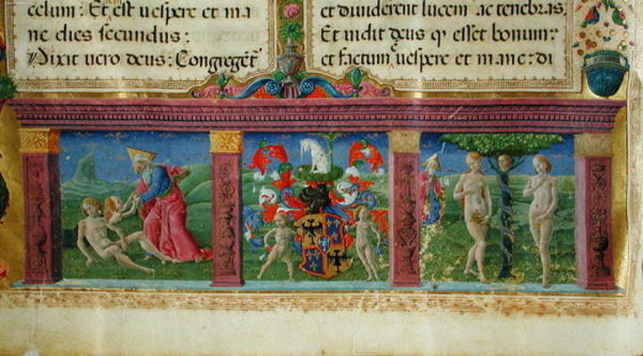 The Creation and Temptation of Adam and Eve with the coat of arms of the House of Este, from the 'Bi a Guglielmo Giraldi