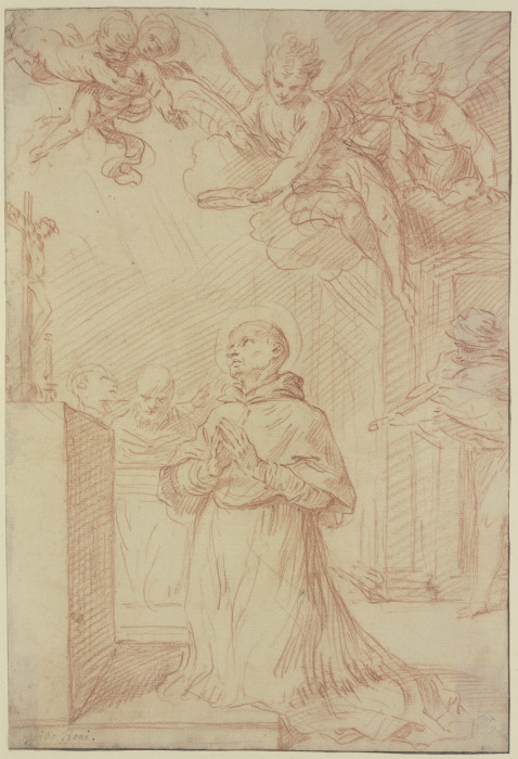Betender Heiliger vor einem Altar von Engeln gekrönt a Guido Reni