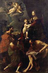 Madonna with three saints sitting enthroned a Guido Reni