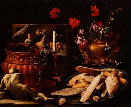 Still Life with Flowers in a Gilt Urn, a Painting and Cakes on a Salver a Guiseppe Recco