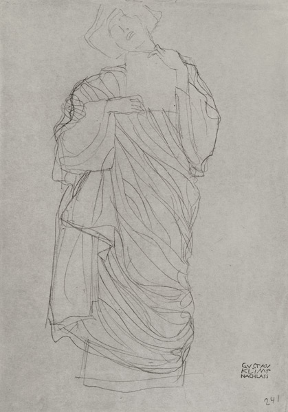 Robed Standing Woman Holding Card, cil on brown a Gustav Klimt