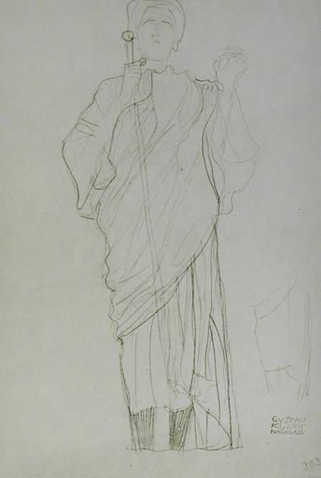 Standing Woman Holding Sword, cil on brown a Gustav Klimt