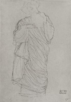 Robed Standing Woman Holding Card, cil on brown