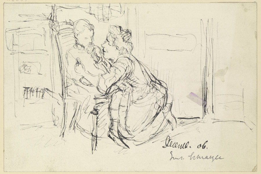 Frau kniet vor einem im Stuhl sitzendem Kind a Gustav Schraegle