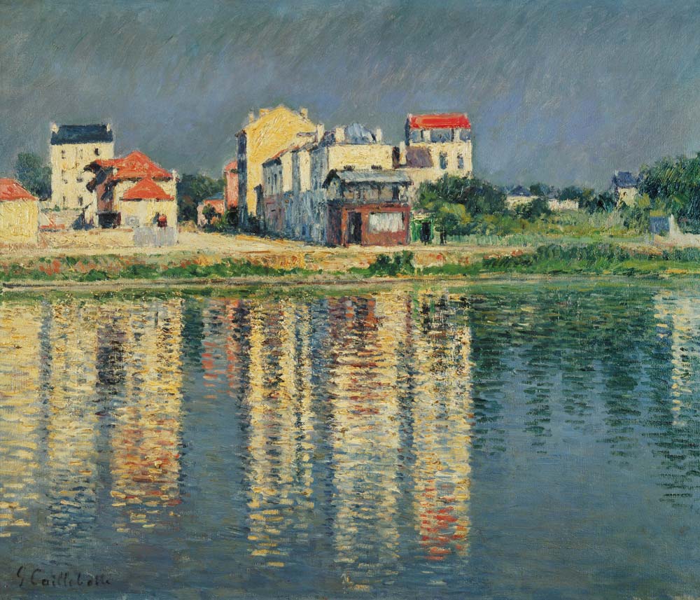 Houses are mirrored in the water of his at Argenteuil a Gustave Caillebotte