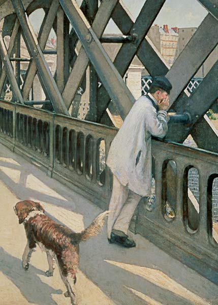 Le Pont de L'Europe: detail of a resting man and a dog a Gustave Caillebotte
