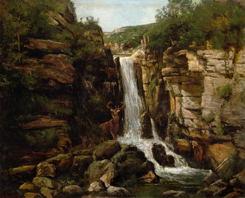 Red deer in front of a waterfall a Gustave Courbet