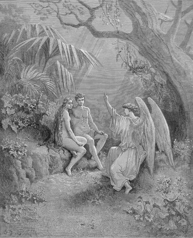 Raphael talks to Adam and Eve. Illustration for John Milton's "Paradise Lost" a Gustave Doré
