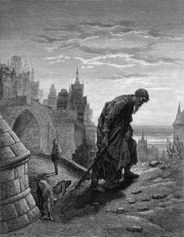 The Mariner, having finished his story, turns to leave, while his listener, the wedding guest gazes  a Gustave Doré