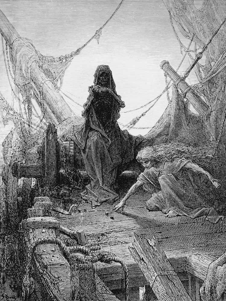 The ''Night-mare Life-in-Death'' plays dice with Death for the souls of the crew, scene from ''The R a Gustave Doré