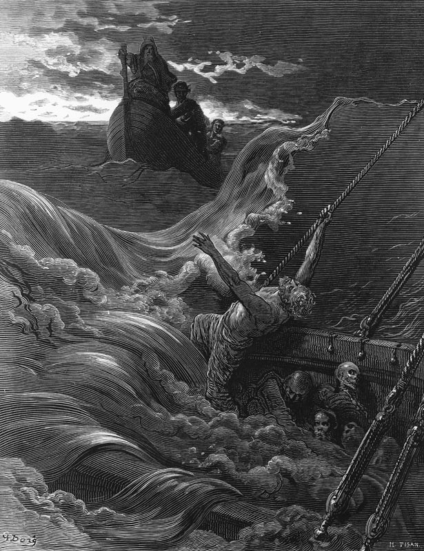 The mariner, as his ship is sinking, sees the boat with the Hermit and Pilot, scene from ''The Rime  a Gustave Doré