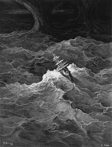 Ship in stormy sea, scene from ''The Rime of the Ancient Mariner'' S.T. Coleridge,S.T. Coleridge, pu a Gustave Doré