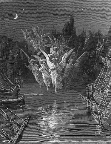 The angelic spirits leave the dead bodies and appear in their own forms of light, scene from ''The R a Gustave Doré