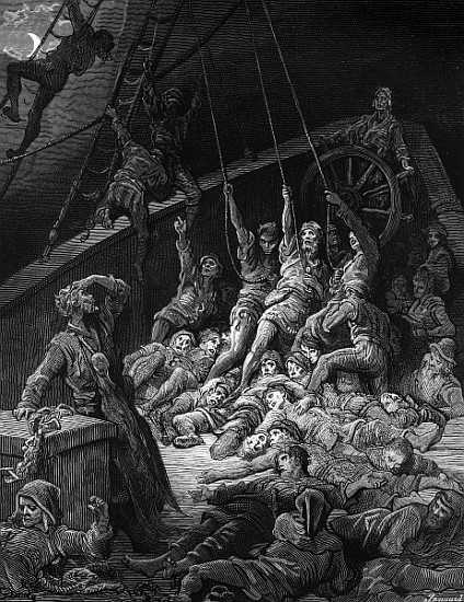 The dead sailors rise up and start to work the ropes of the ship so that it begins to move, scene fr a Gustave Doré