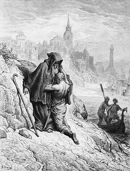 The Mariner begs the Hermit to give him absolution from his sin, scene from ''The Rime of the Ancien a Gustave Doré