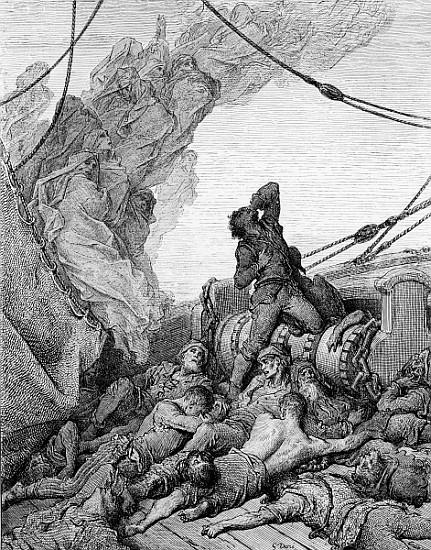 The Mariner, surrounded the dead sailors, suffers anguish of spirit, scene from ''The Rime of the An a Gustave Doré