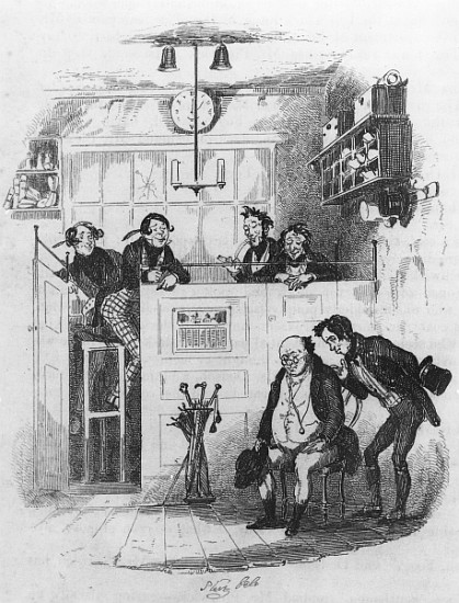 Mr. Pickwick and Sam in the attorney''s office, illustration from ''The Pickwick Papers'' Charles Di a Hablot Knight (Phiz) Browne