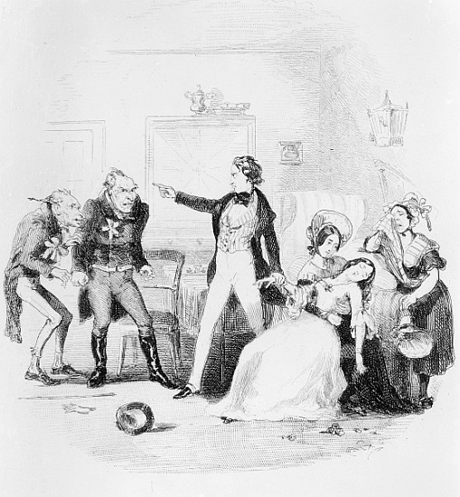 Nicholas congratulates Arthur Gride on his wedding morning, illustration from `Nicholas Nickleby'' C a Hablot Knight (Phiz) Browne