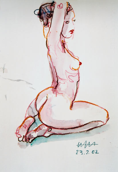 Female act, hands at the neck, sitting on the lower legs ... a Hajo Horstmann