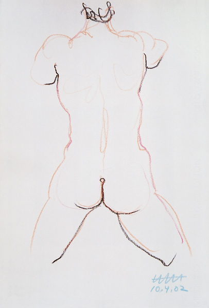 Stationary masculine act, legs spread, both arms to the front, view of behind. a Hajo Horstmann
