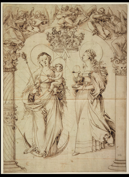Scheibenriß mit der Madonna auf der Mondsichel und der Heiligen Barbara a Hans Baldung Grien