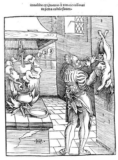 View of a sixteenth century kitchen with cook gutting a rabbit a Hans Baldung Grien