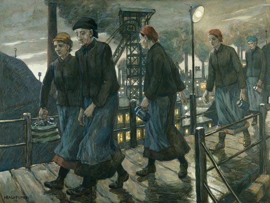 Check female workers on a suspension bridge a Hans Baluschek