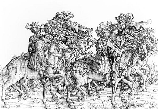A group of mounted trumpeters, from ''Maximilian''s Triumphal Procession'', c.1516-18 a Hans Burgkmair