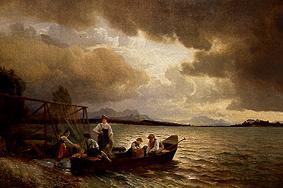 Fisherman in the boat on the Chiemsee shore a Hans Fredrik Gude