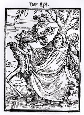 Death and the Abbot, from 'The Dance of Death', engraved by Hans Lutzelburger, c.1538 (woodcut) (b/w a Hans Holbein Il Giovane