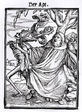 Death and the Abbot, from 'The Dance of Death', engraved by Hans Lutzelburger, c.1538 (woodcut) (b/w