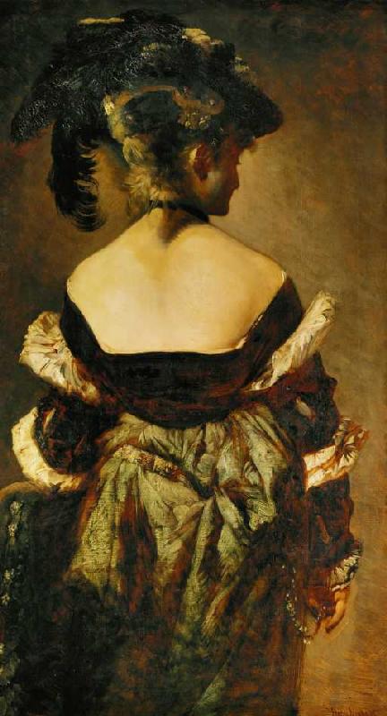 Portrait einer Dame mit einem Federhut, Rückenansicht a Hans Makart